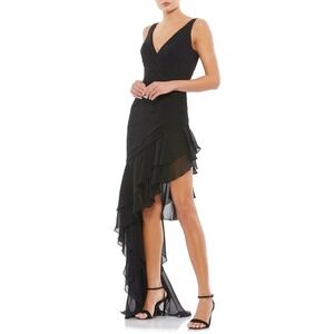 MAC‎ DUGGAL 49487 Black V Neck Ruched Ruffle High Low Gown Dress Size 6